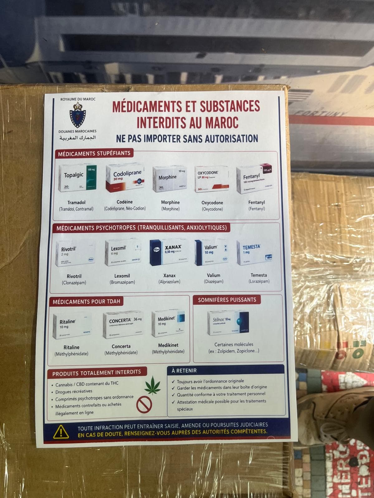 Fiche officielle des Douanes marocaines (ADII) listant les médicaments et substances interdits ou soumis à restriction à l'importation au Maroc